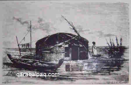Sketch of a Qaraqalpaq yurt on the waters edge by N Karazin
